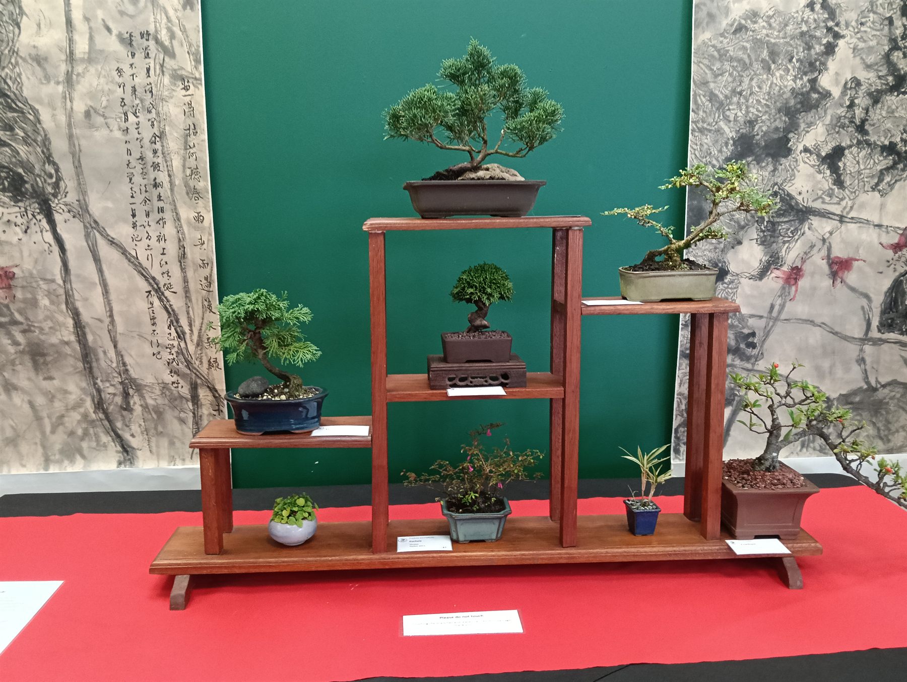 Bonsai trees on a tiered wooden display stand in front of Chinese brush paintings